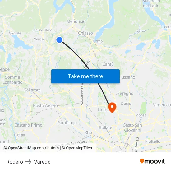 Rodero to Varedo map