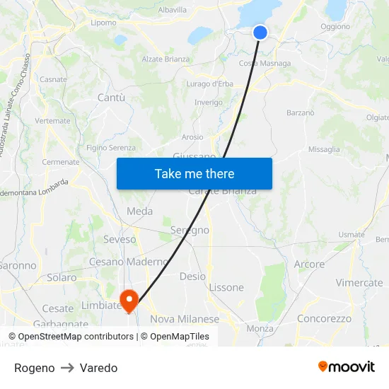 Rogeno to Varedo map