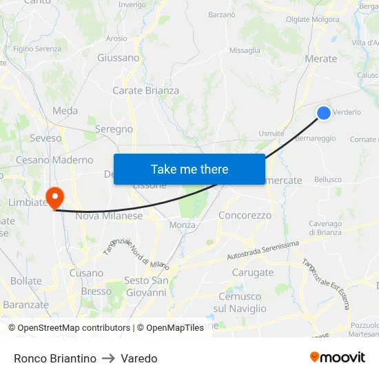 Ronco Briantino to Varedo map