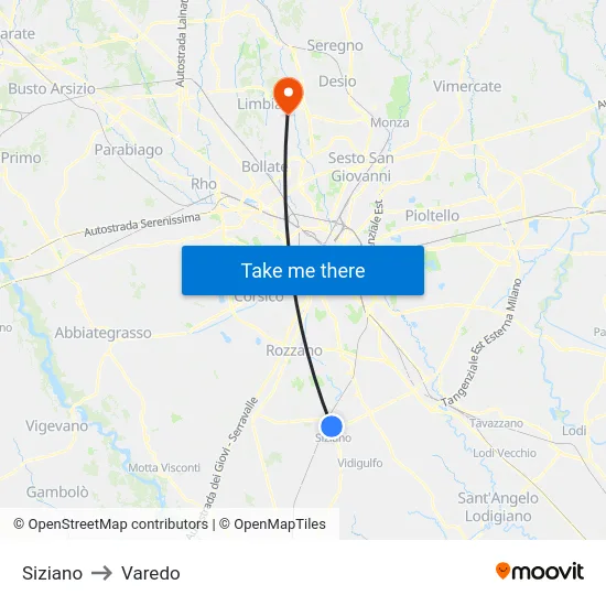 Siziano to Varedo map