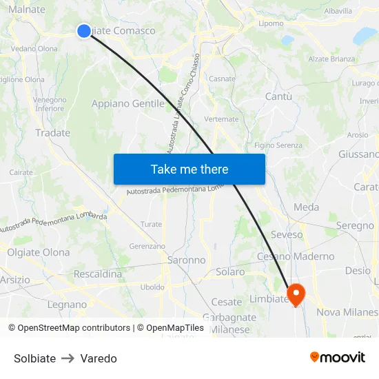 Solbiate to Varedo map