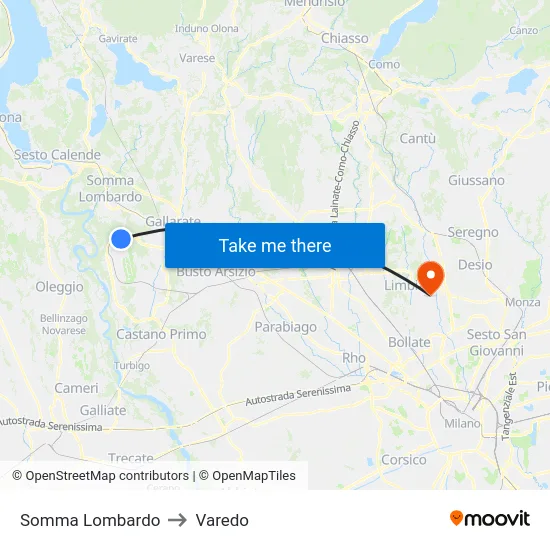 Somma Lombardo to Varedo map