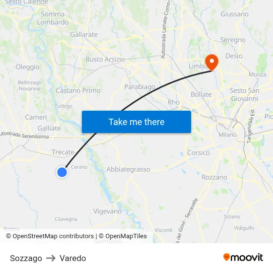 Sozzago to Varedo map