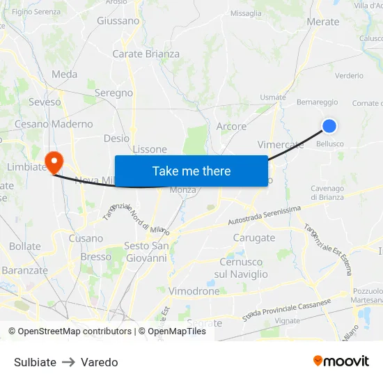 Sulbiate to Varedo map