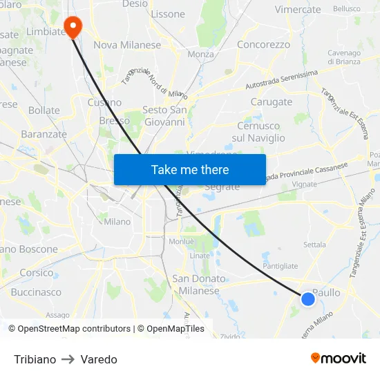 Tribiano to Varedo map