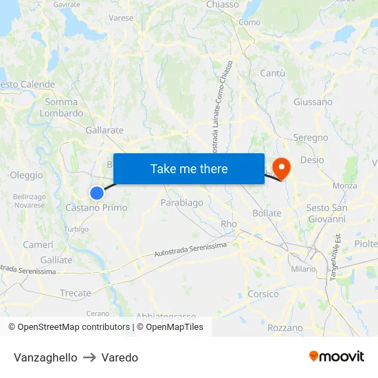 Vanzaghello to Varedo map