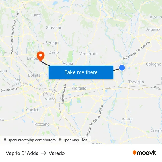 Vaprio D' Adda to Varedo map