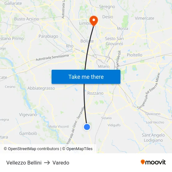 Vellezzo Bellini to Varedo map