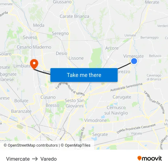 Vimercate to Varedo map