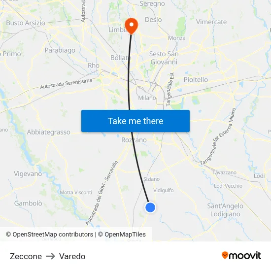 Zeccone to Varedo map