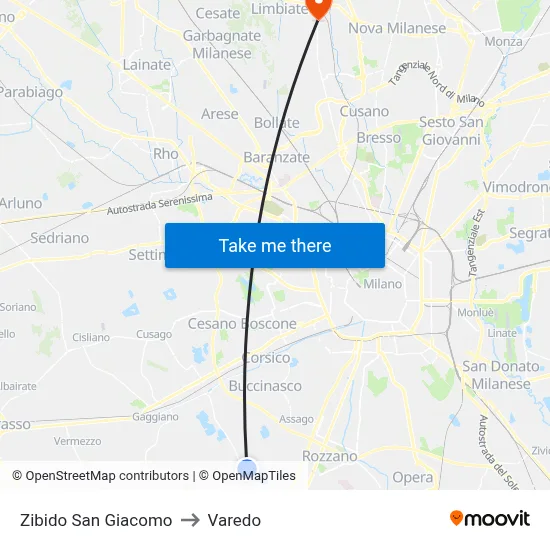 Zibido San Giacomo to Varedo map