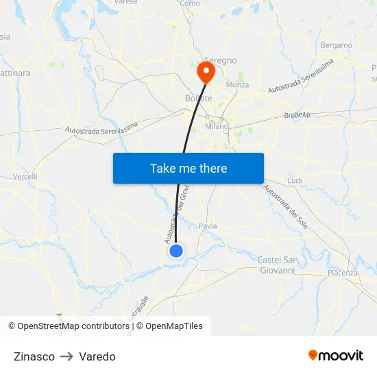 Zinasco to Varedo map