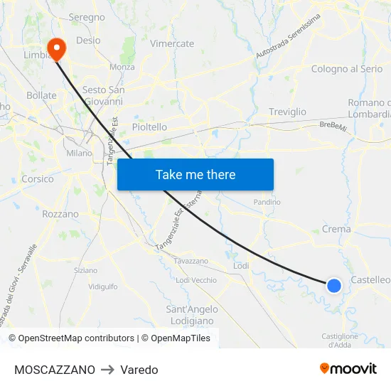 Moscazzano to Varedo map