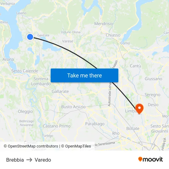 Brebbia to Varedo map