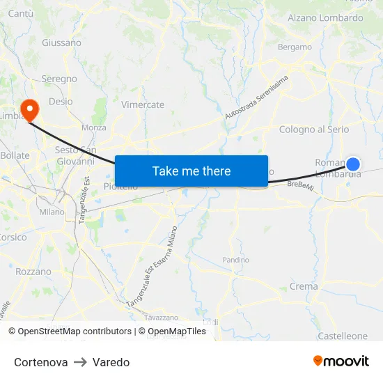 Cortenova to Varedo map