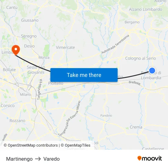 Martinengo to Varedo map