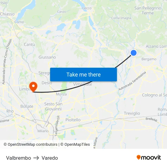 Valbrembo to Varedo map