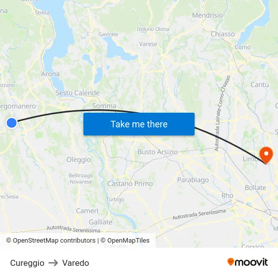 Cureggio to Varedo map