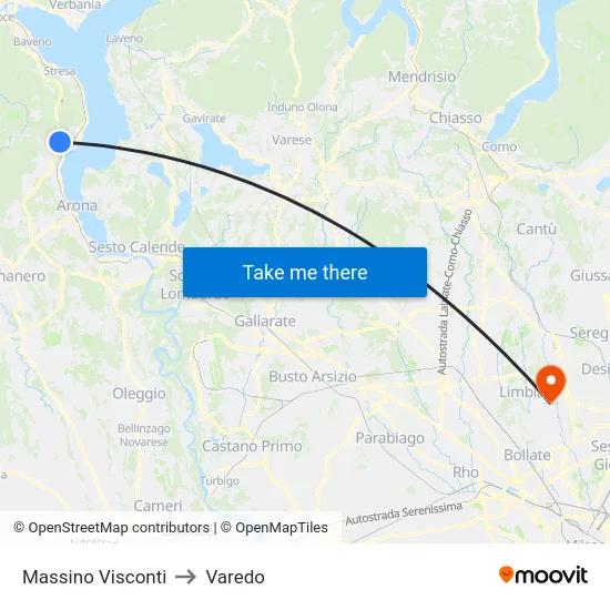 Massino Visconti to Varedo map