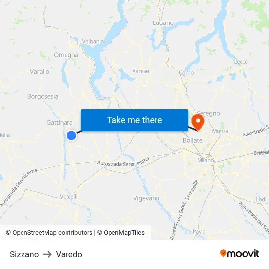 Sizzano to Varedo map