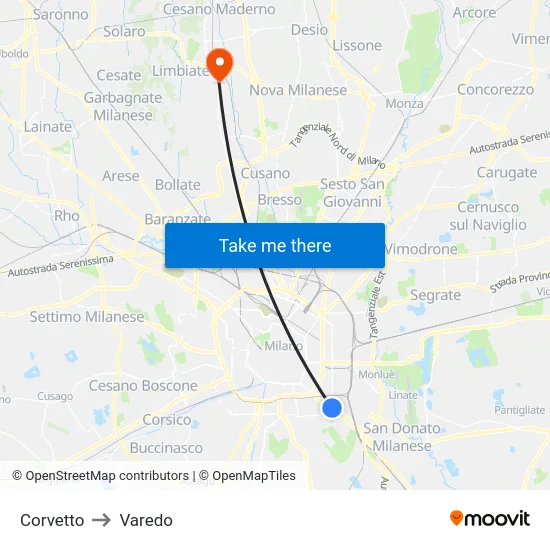 Corvetto to Varedo map