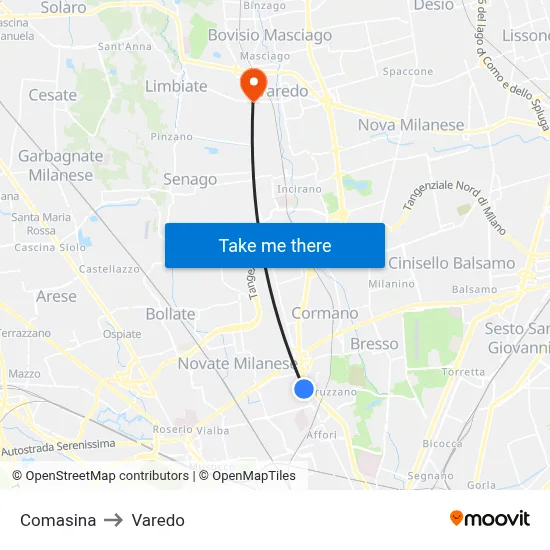 Comasina to Varedo map