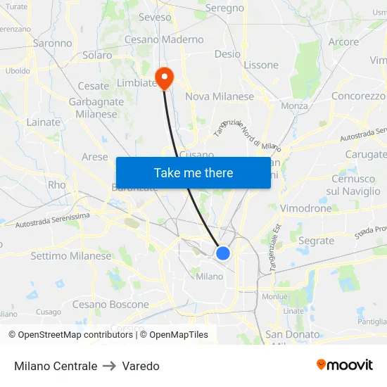 Milano Centrale to Varedo map