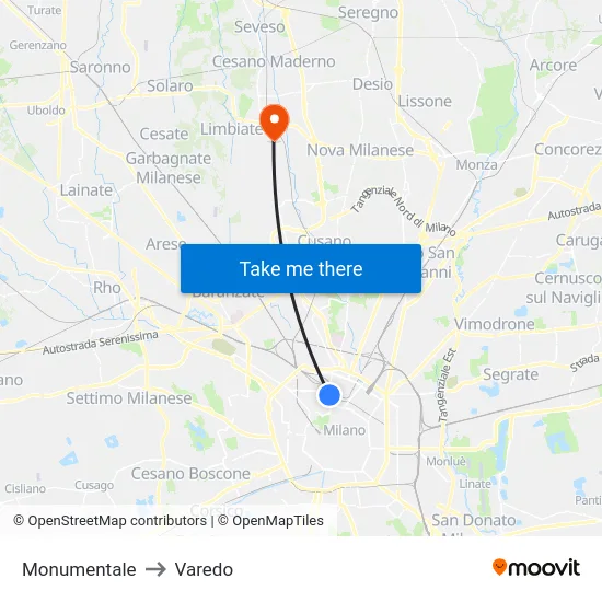 Monumentale to Varedo map