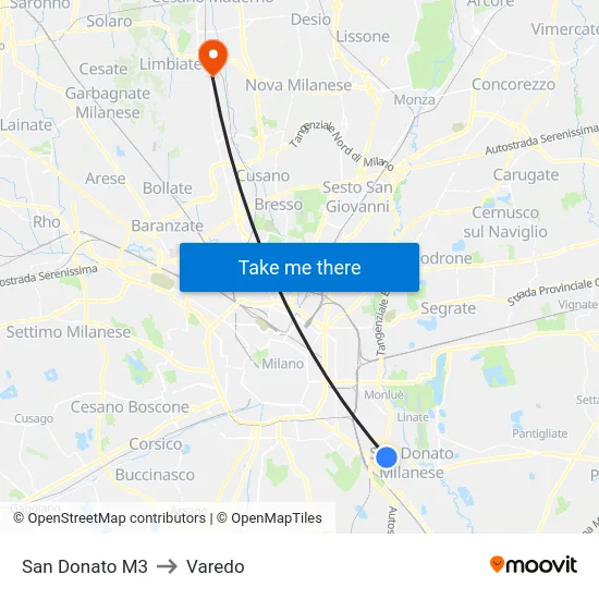 San Donato M3 to Varedo map