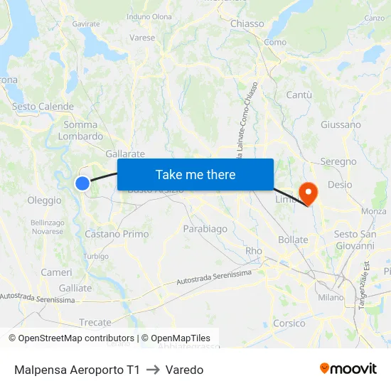 Malpensa Aeroporto T1 to Varedo map