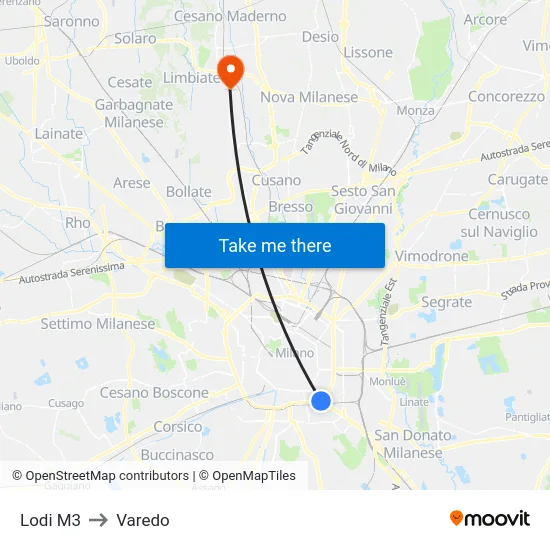 Lodi M3 to Varedo map