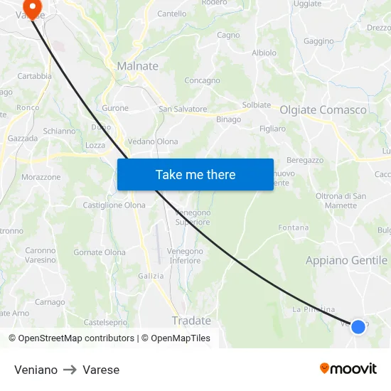 Veniano to Varese map