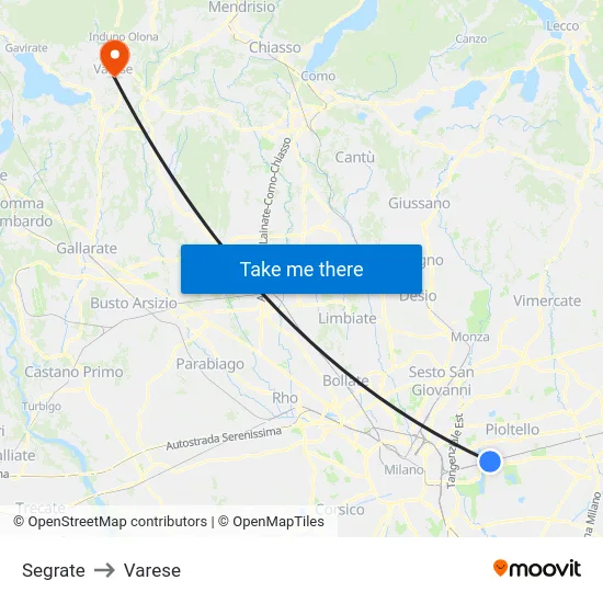 Segrate to Varese map