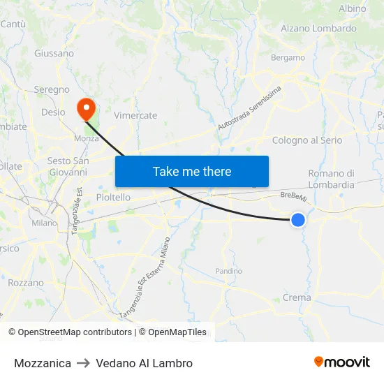 Mozzanica to Vedano Al Lambro map