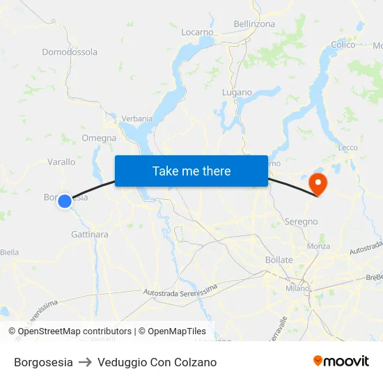 Borgosesia to Veduggio con Colzano map