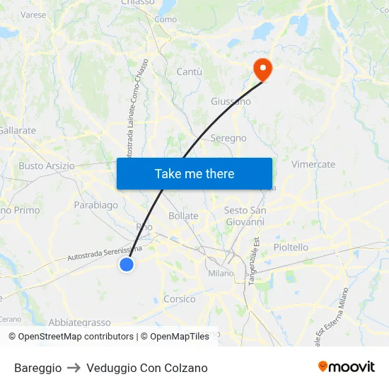 Bareggio to Veduggio Con Colzano map