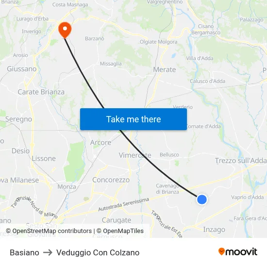 Basiano to Veduggio Con Colzano map