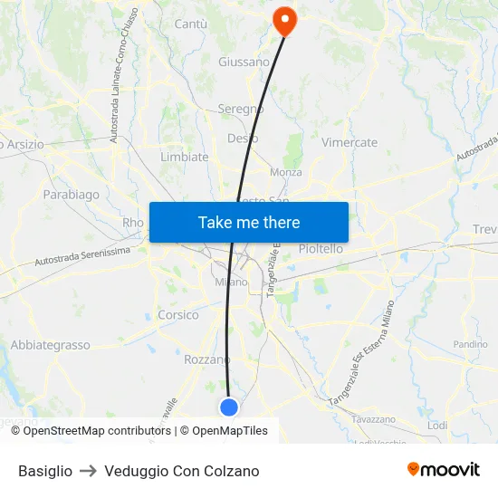 Basiglio to Veduggio Con Colzano map