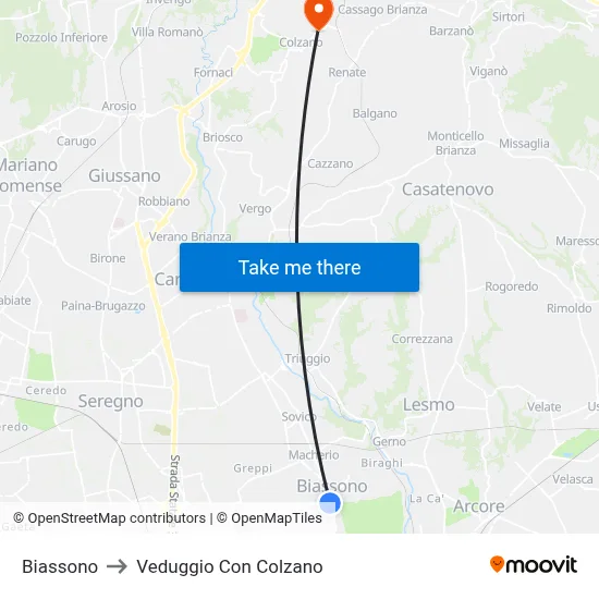 Biassono to Veduggio Con Colzano map