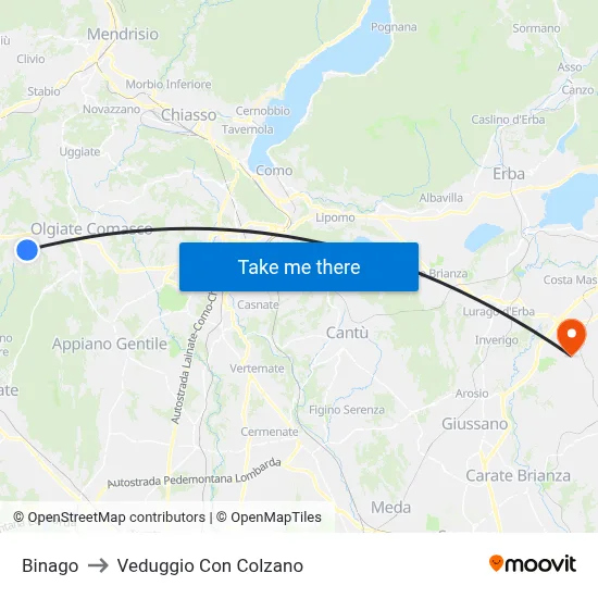Binago to Veduggio Con Colzano map