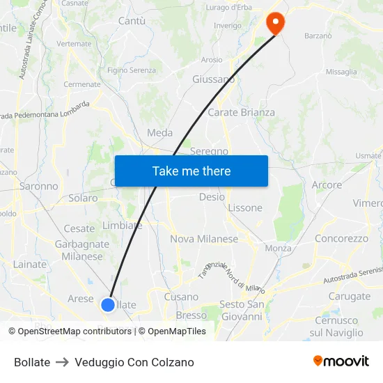 Bollate to Veduggio Con Colzano map
