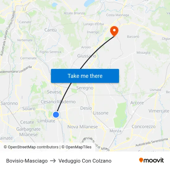 Bovisio-Masciago to Veduggio Con Colzano map