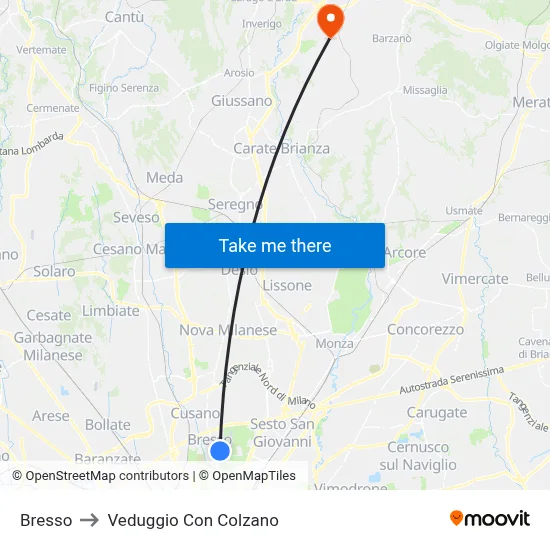 Bresso to Veduggio Con Colzano map