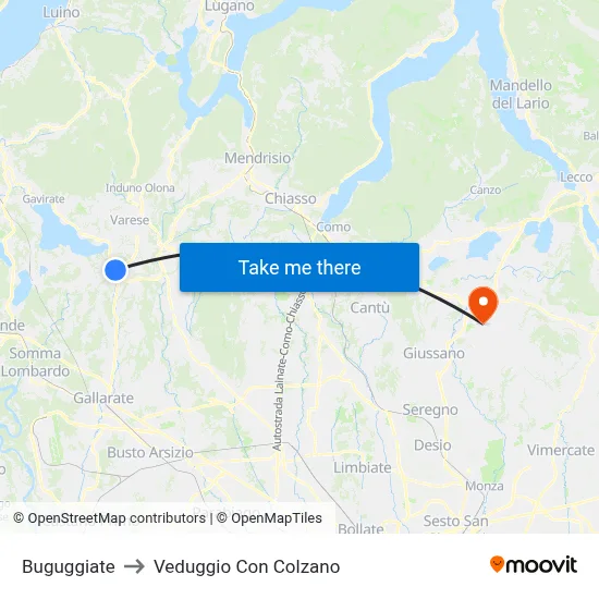 Buguggiate to Veduggio Con Colzano map