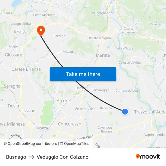 Busnago to Veduggio con Colzano map