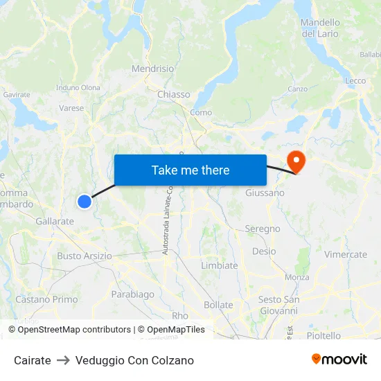 Cairate to Veduggio Con Colzano map