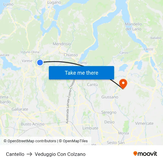 Cantello to Veduggio con Colzano map