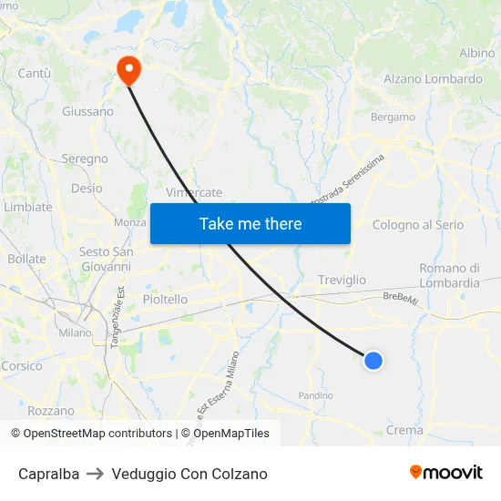 Capralba to Veduggio Con Colzano map