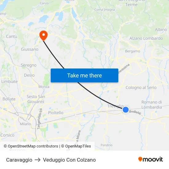 Caravaggio to Veduggio Con Colzano map