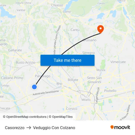 Casorezzo to Veduggio Con Colzano map